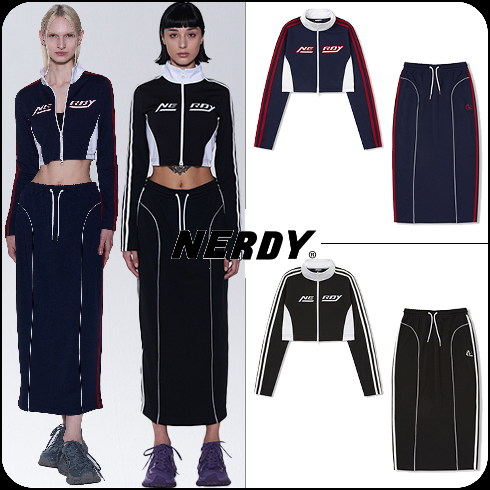 [ NERDY ]韓国人気★WOMEN'S COLOR BLOCK CROP TRACK SKIRT SET