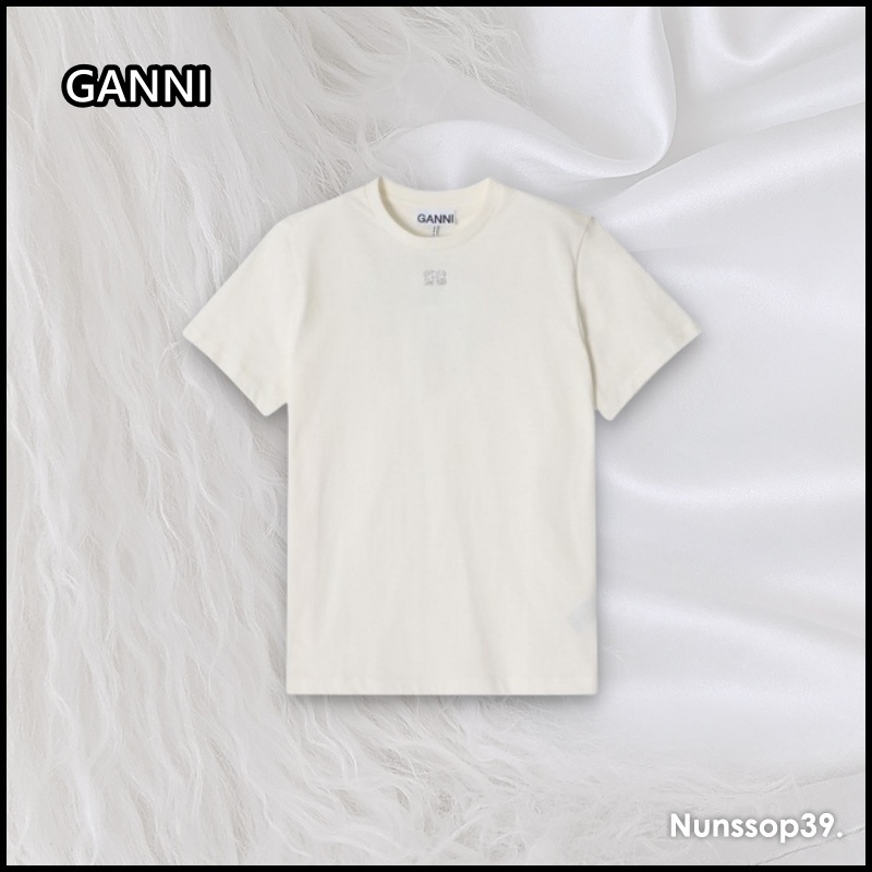 《GANNI》 T3946 135 ラインストーン バタフライ ロゴ Tシャツ