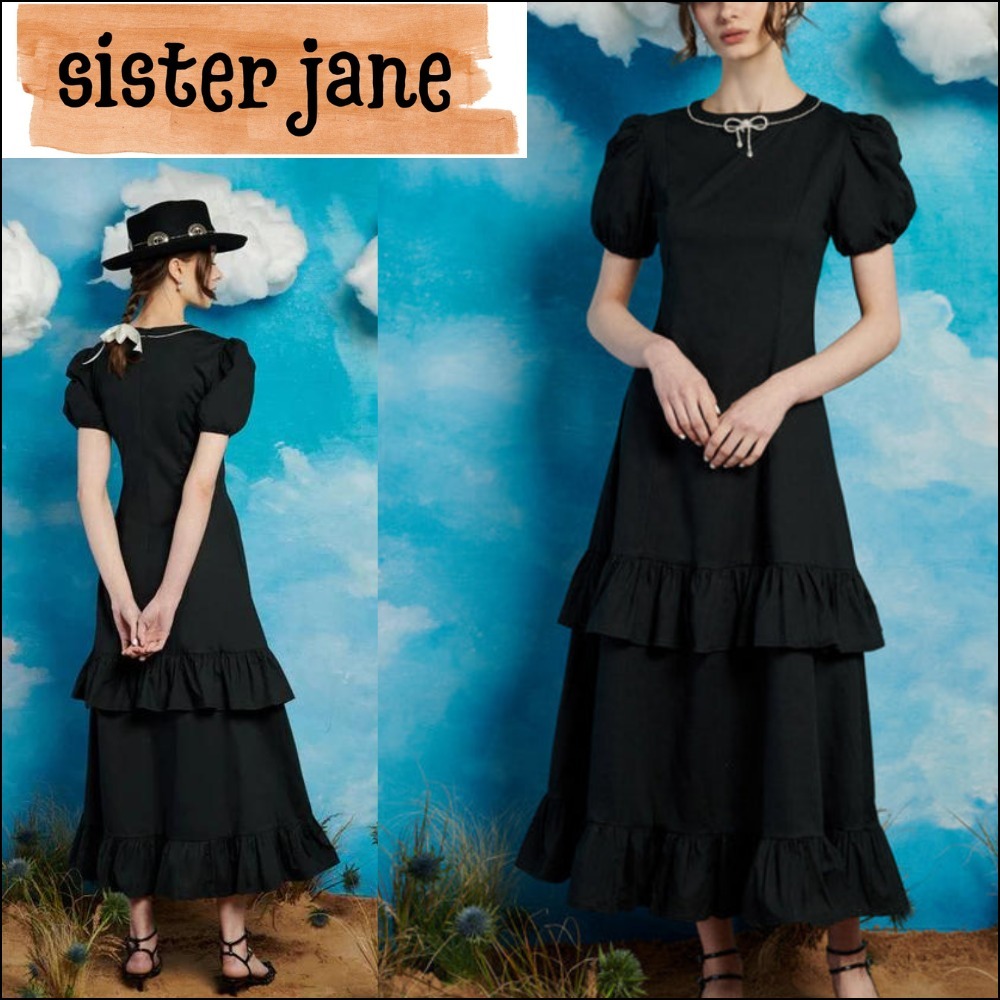 【sister jane】ミディドレス コットン フリル フレア ブラック