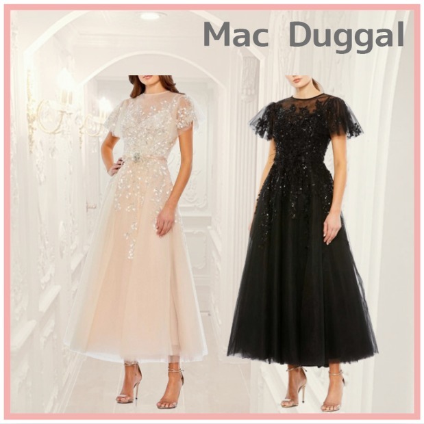 MAC DUGGAL ★ ロング ワンピース フリル ビーズ 半袖 ホワイト