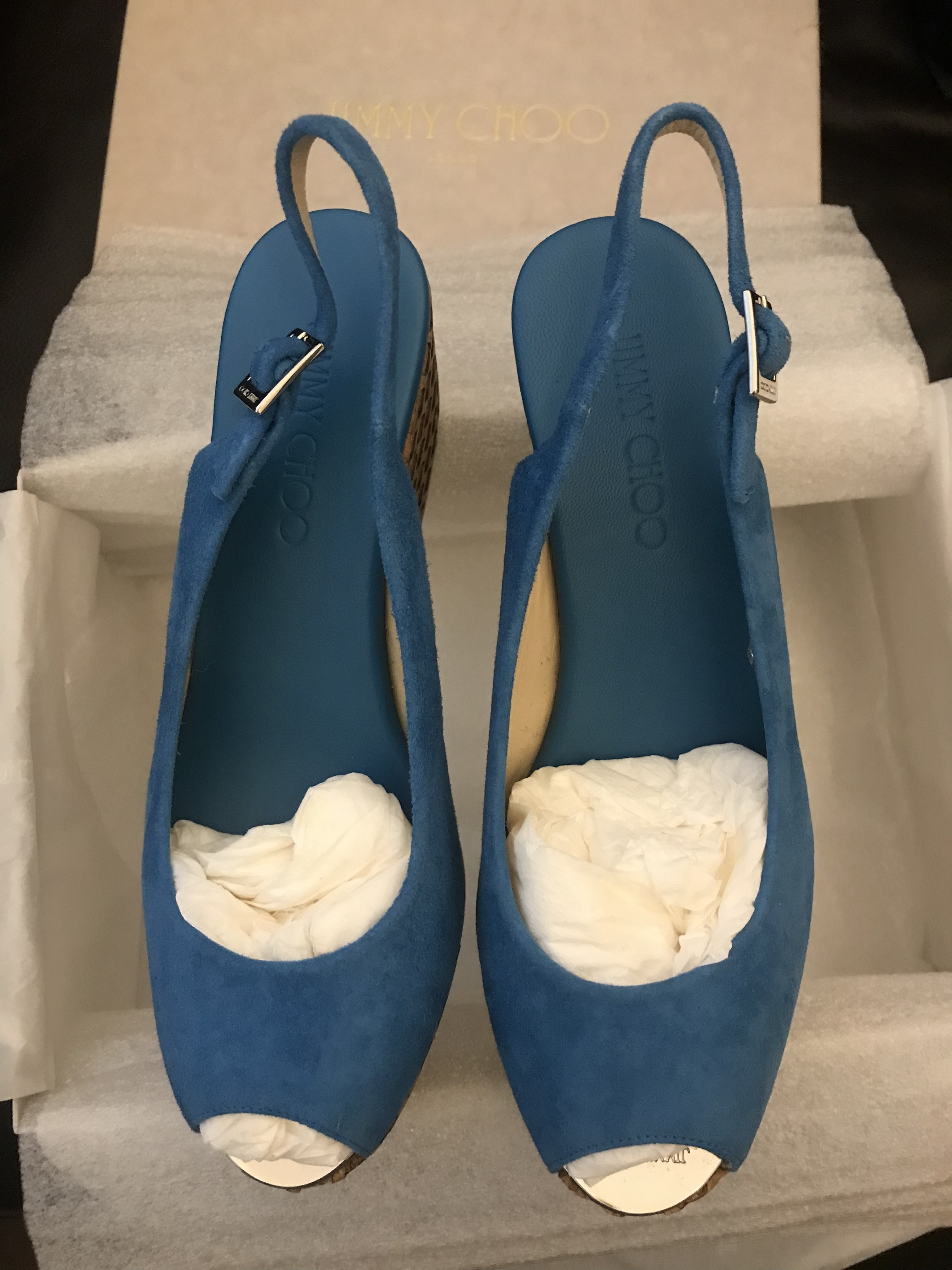 Jimmy★Choo(セールで夏のワンピにお似合い)Praise80/blue Jimmy Choo Glitter Fabric Platform Peep Toe Pumps Size 10