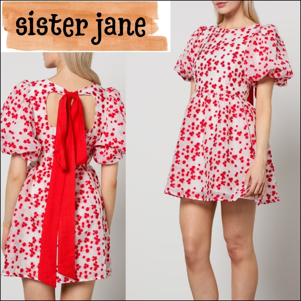 【sister jane】ミニドレス パフスリーブ 花柄 リボン レッド