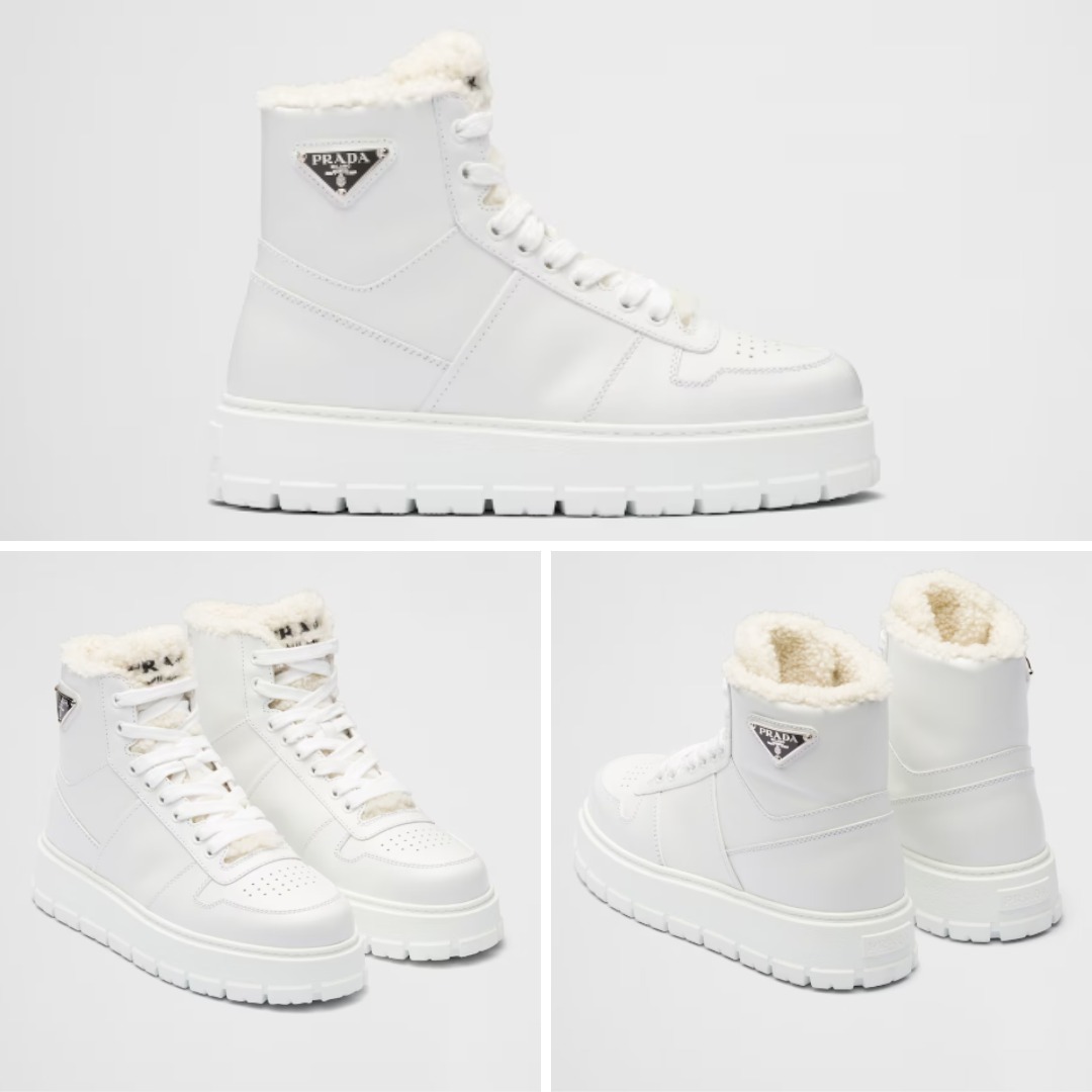 《送料無料》 PRADA Leather and shearling high-top sneakers