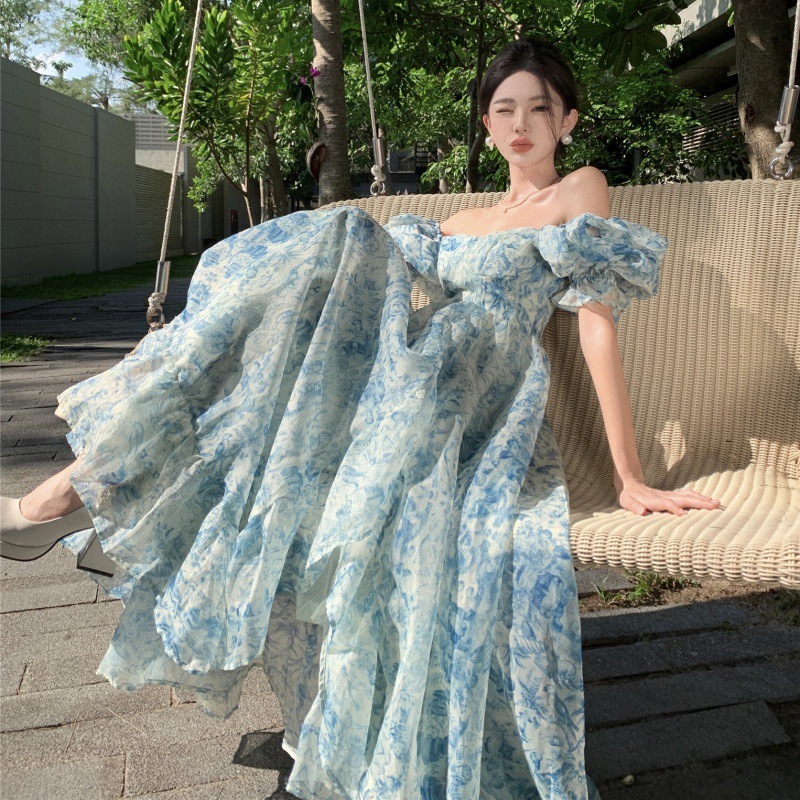 ワンピース オフショルダー 花柄 リゾート スリット マキシ 水色