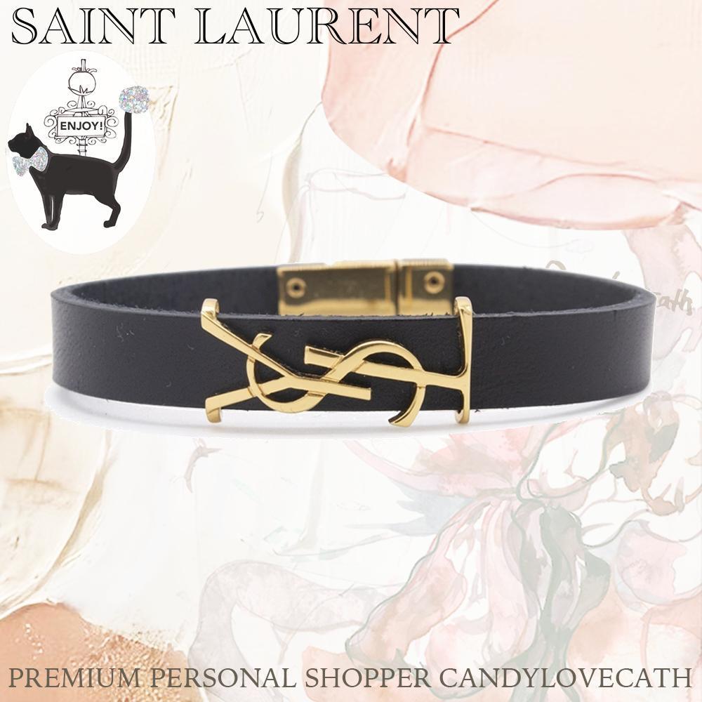 ブレスレット SAINT LAURENT BLACK LEATHER YSL BRACELET
