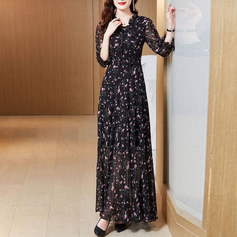 ワンピース ロング 花柄 シフォン 黒 シアー マキシ 綺麗 ~4XL