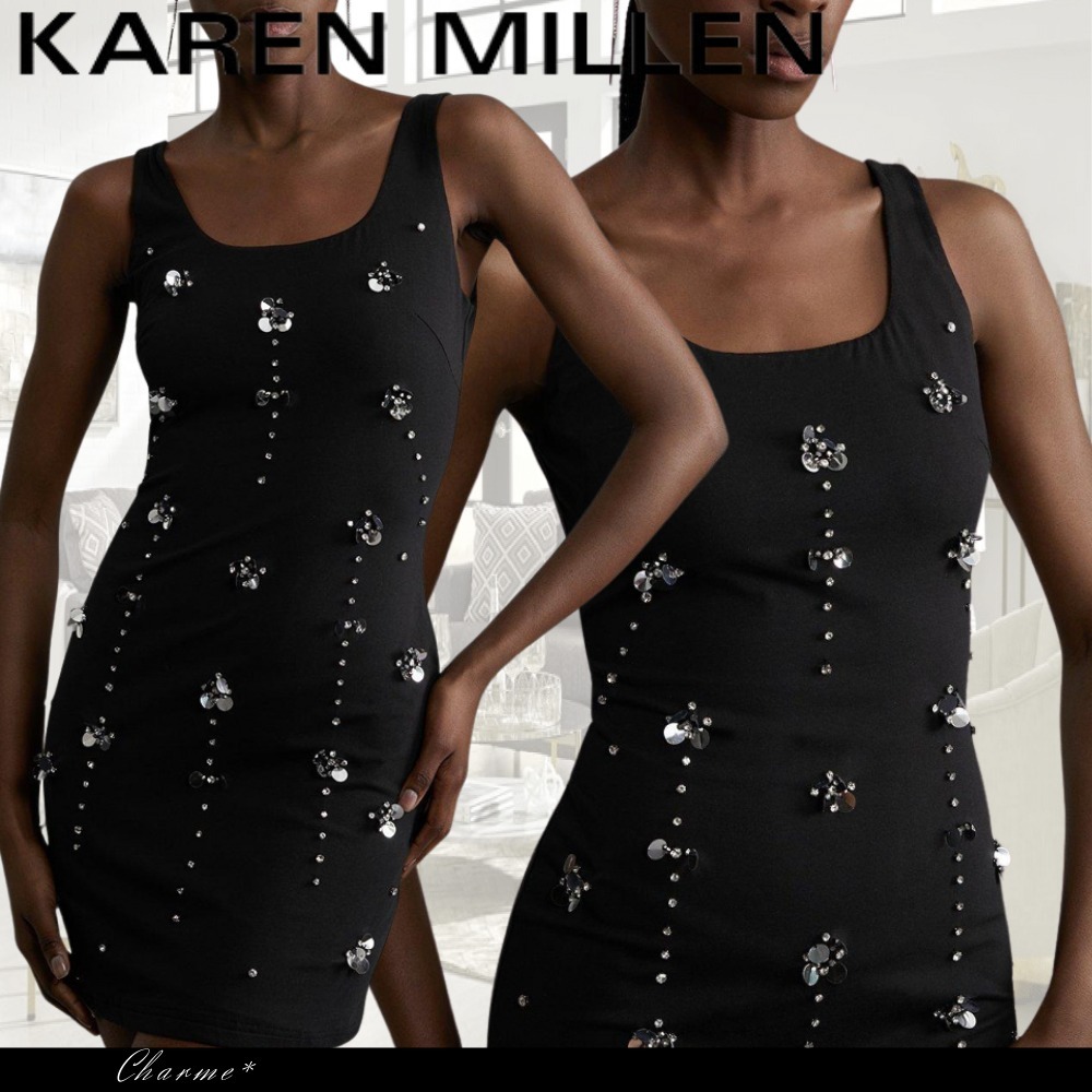 KAREN MILLEN タイト ビジュー コットン ミニ丈ドレス ブラック