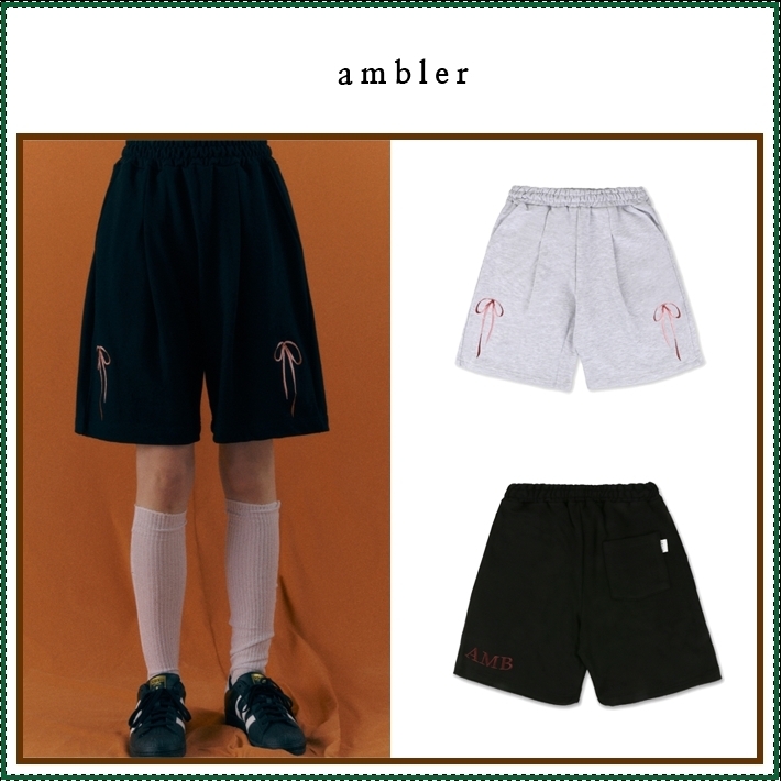 【AMBLER】 Ribbon shorts Bermuda one tuck sweat shorts