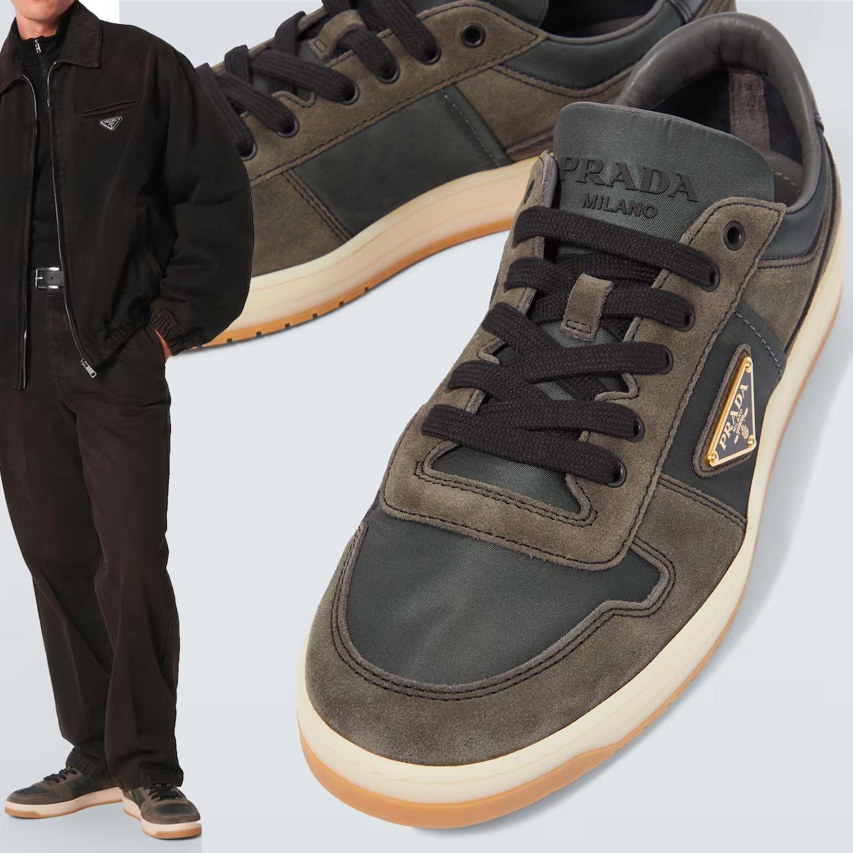 【PRADA】ダウンタウン スエード Re-Nylon スニーカー ロゴ 茶系