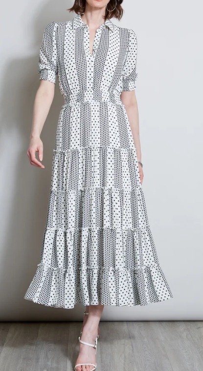 真美子夫人着用ブランドELIE TAHARI ドットシャツドレス