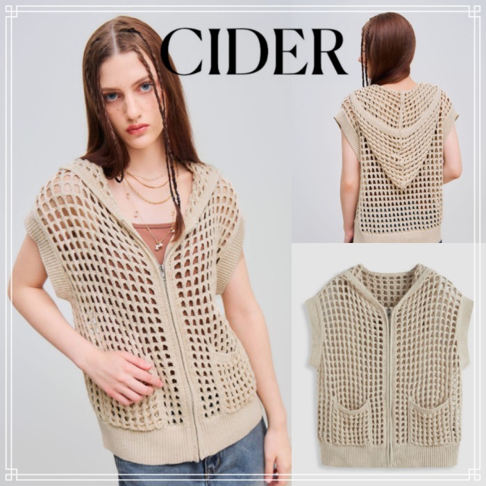 【Cider】ソリッド ニット フード付 ベスト