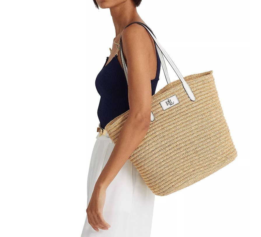 トートバッグ Lauren Ralph Lauren Brie Leather-Trim Straw Medium Tote Bag