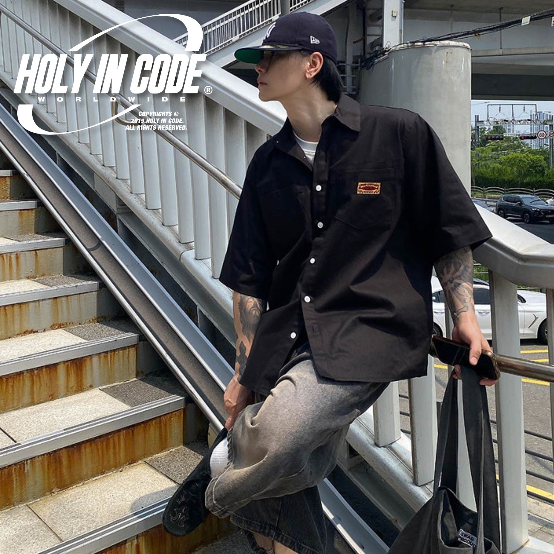 シャツ No.0841 motor work patch half SHIRT (3color)