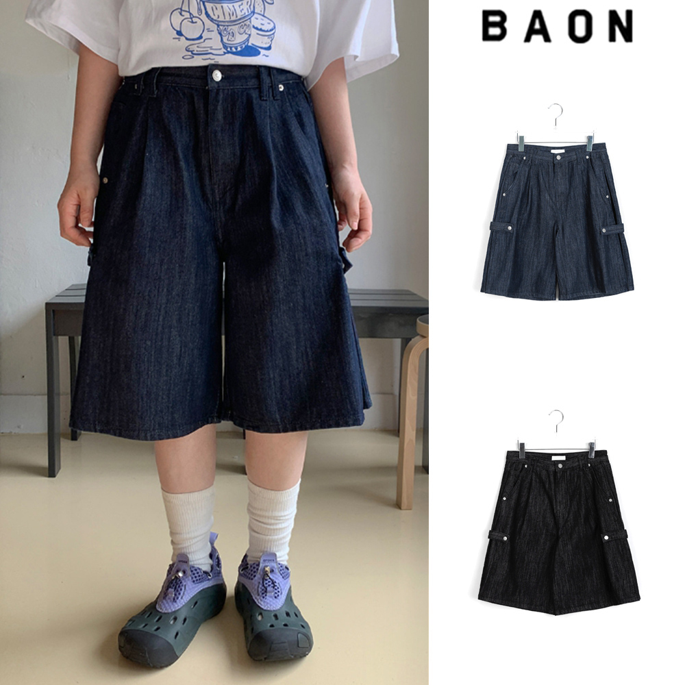 【BAON】[unisex] Non-fade Snap Button Patch Bermuda Denim Pt