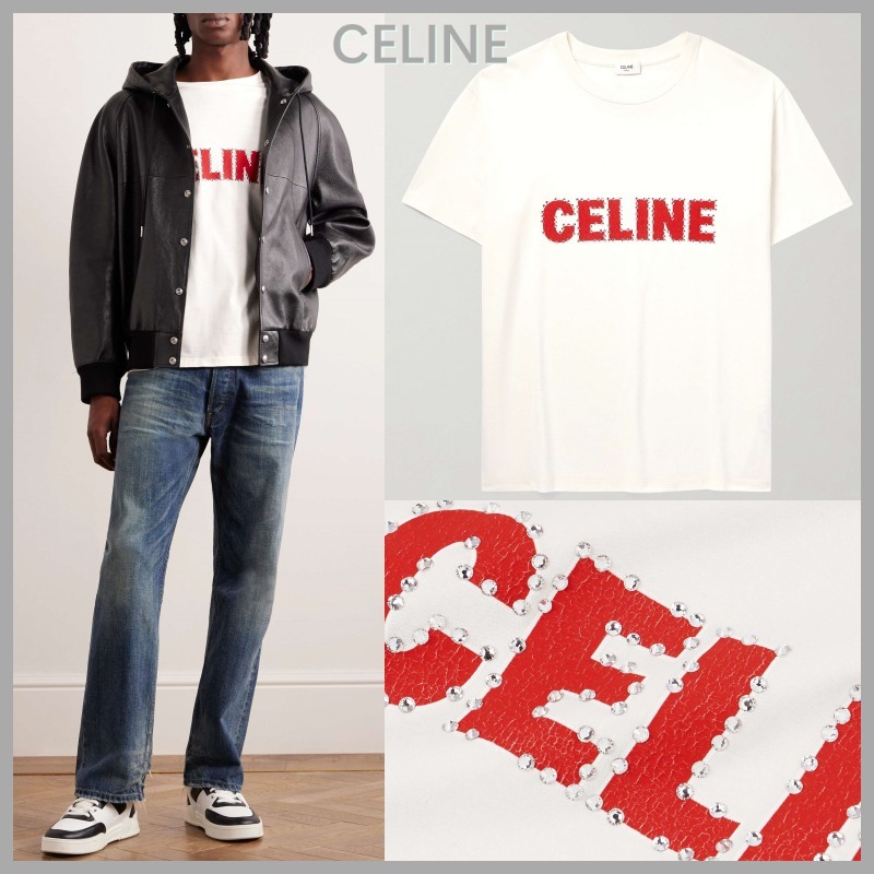 【CELINE】クリスタル装飾 ロゴプリント ジャージーTシャツ
