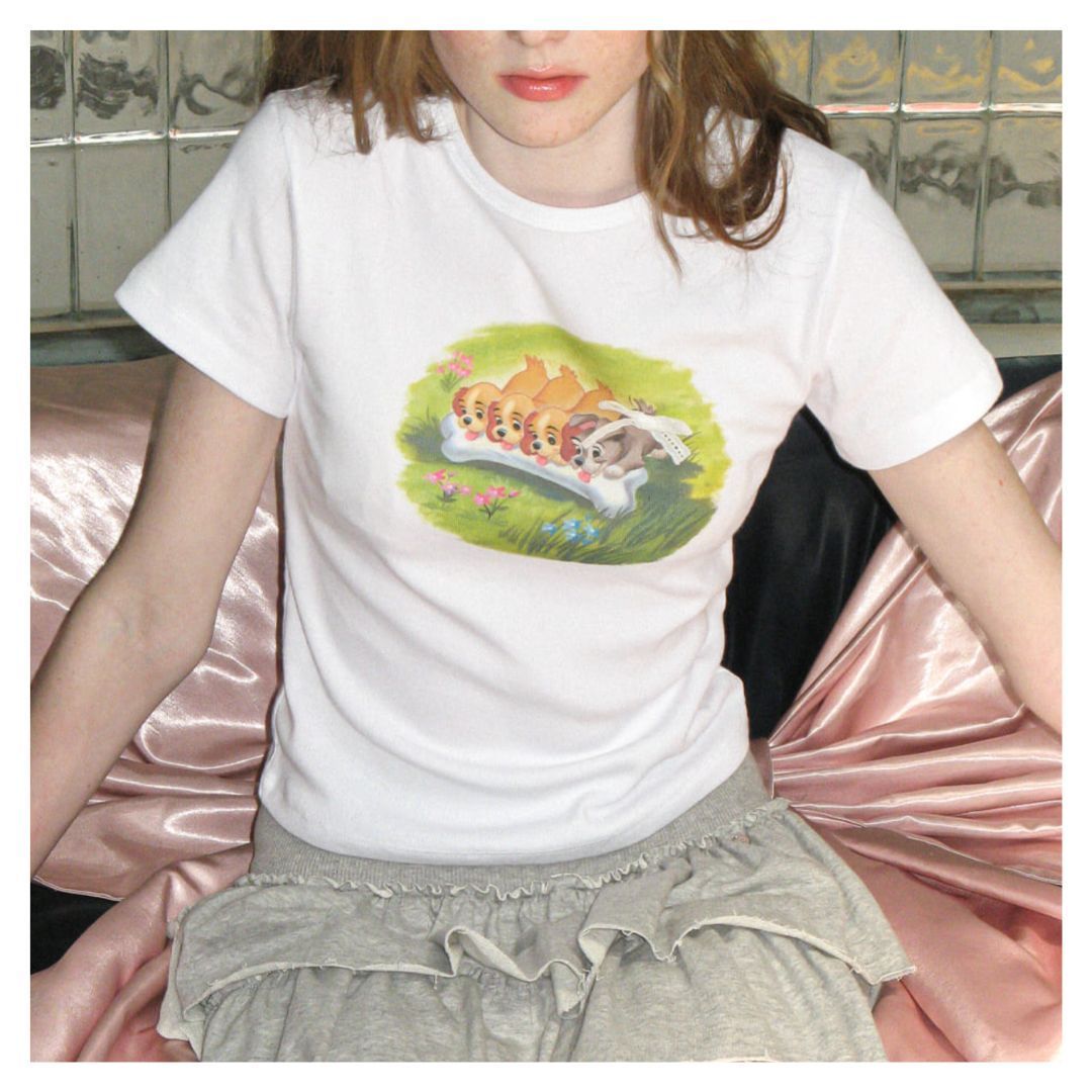 Tシャツ・カットソー RONRON ADORABLE PUPPIES CROP SLIM FIT T SHIRT 4BUK483