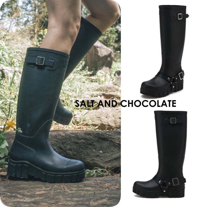 【SALT&CHOCOLATE】Saddle Buckle Rain Boots Black