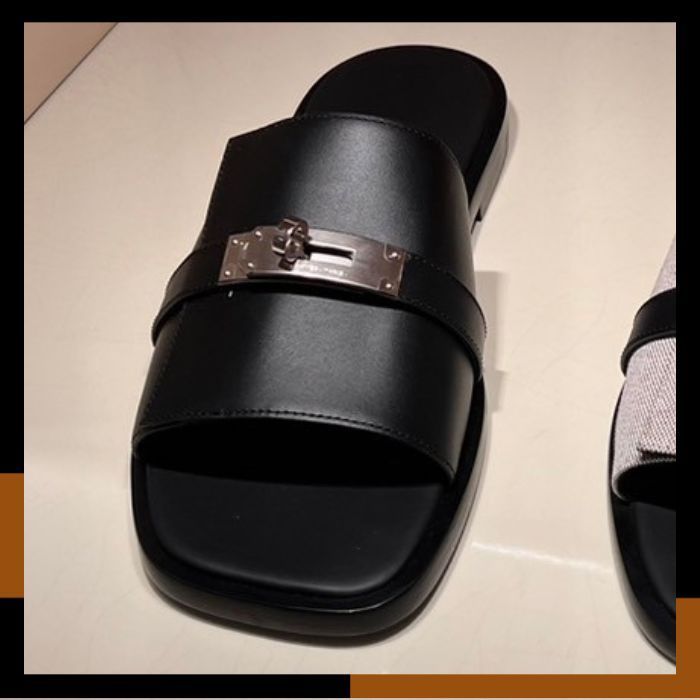 HERMES 春夏 人気 サンダル 上品 ケリー 黒 本革レザー Gabriel