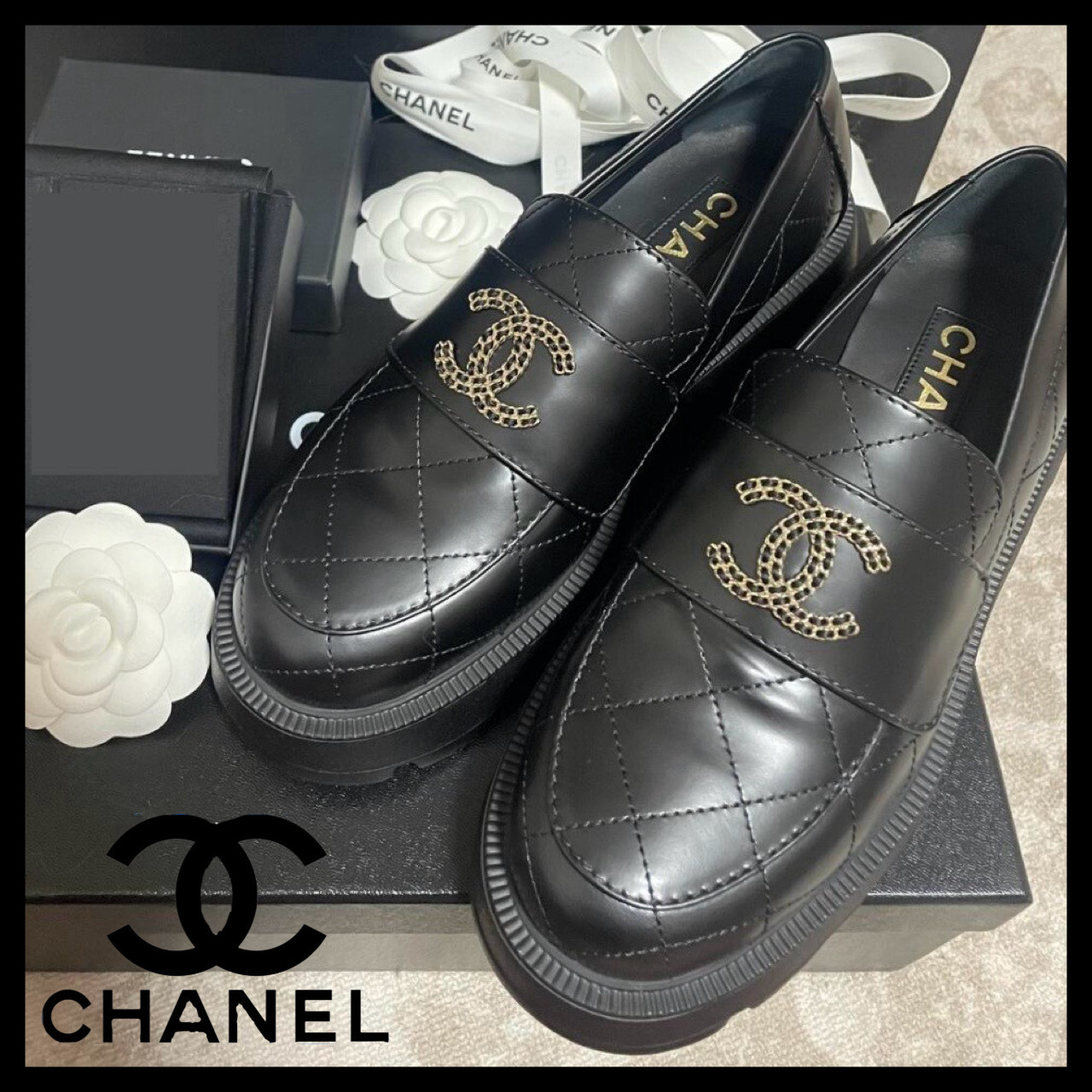 CHANEL 美品 希少 厚底 ローファー チェーン 24.5cm 37 黒