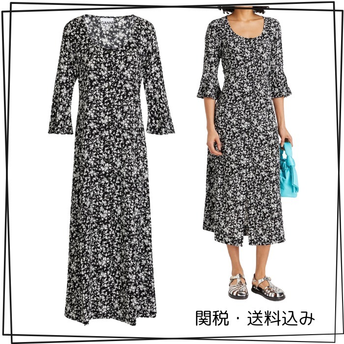 GANNI クレープ ミディシャツワンピース フローラルプリント