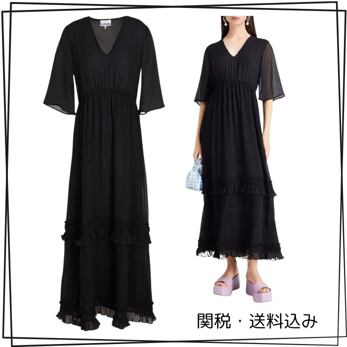 GANNI ジョーゼット マキシワンピース プリーツ加工