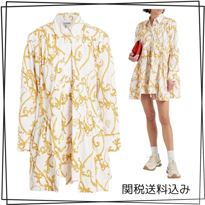 GANNI ミニシャツワンピース ギャザー&プリント入り