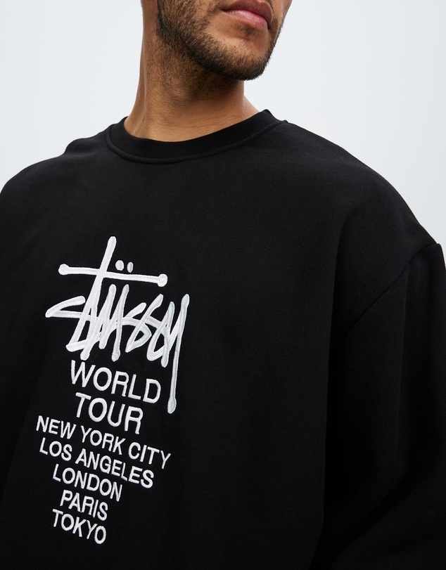【STUSSY】Solid World Tour Crew -Black- 刺繍ロゴ スウェット