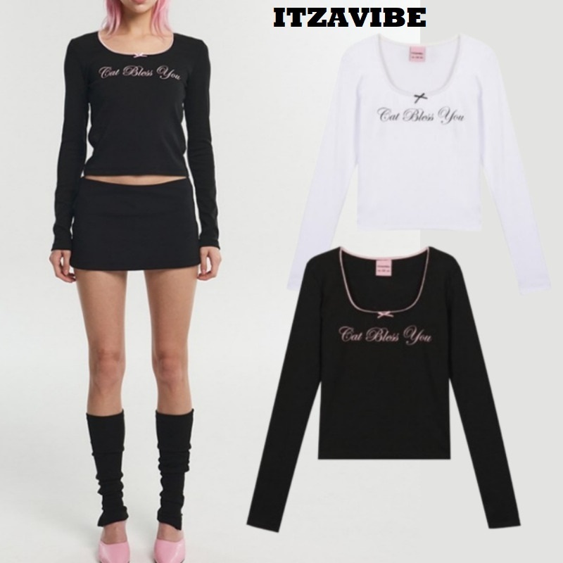 Tシャツ・カットソー [ITZAVIBE] CAT BLESS RIBBON LONG SLEEVE 2COLOR