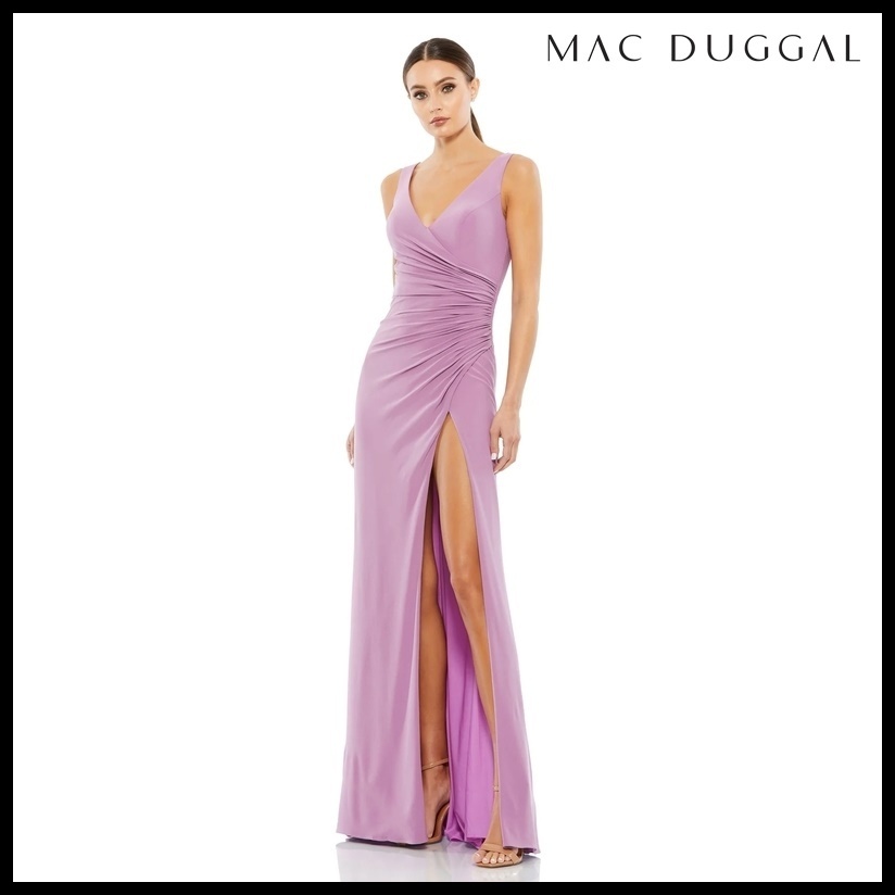 MAC DUGGAL ルーシュストレッチジャージーVネックガウン
