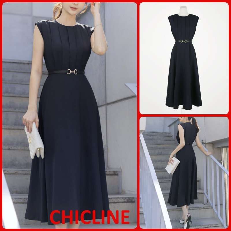 日本未入荷★CHICLINE★プリーツベルテッドフレアワンピース