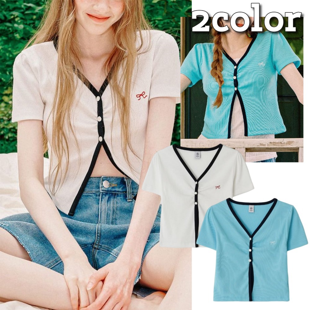 RONRON★人気★HEART RIBBON 3 BUTTON V NECK SLIM T SHIRT