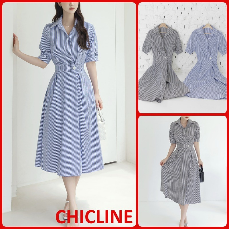 ★CHICLINE★ストライプバックバンディング半袖フレアワンピース