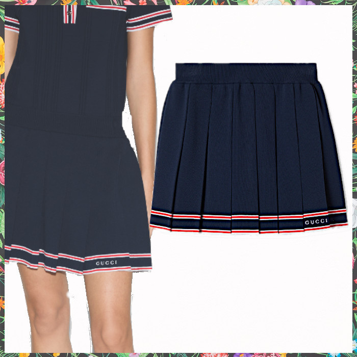 GUCCI《ストライプ トリム プリーツ スカート》darkblue 直営店