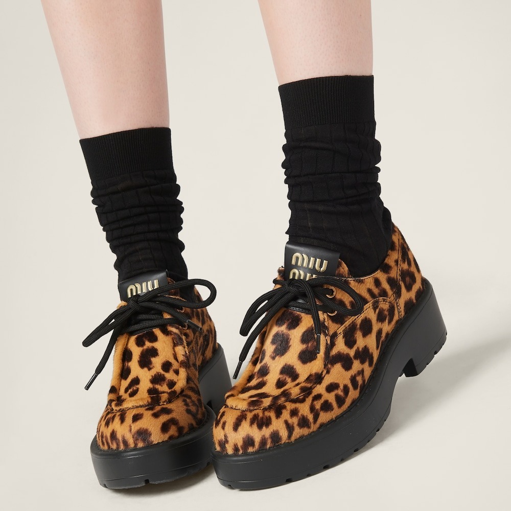 フラットシューズ MiuMiu | Leopard-print calf hair leather lace-up shoes