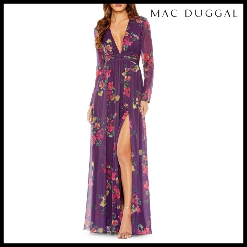MAC DUGGAL フローラル ルーシュ スリットワンピース