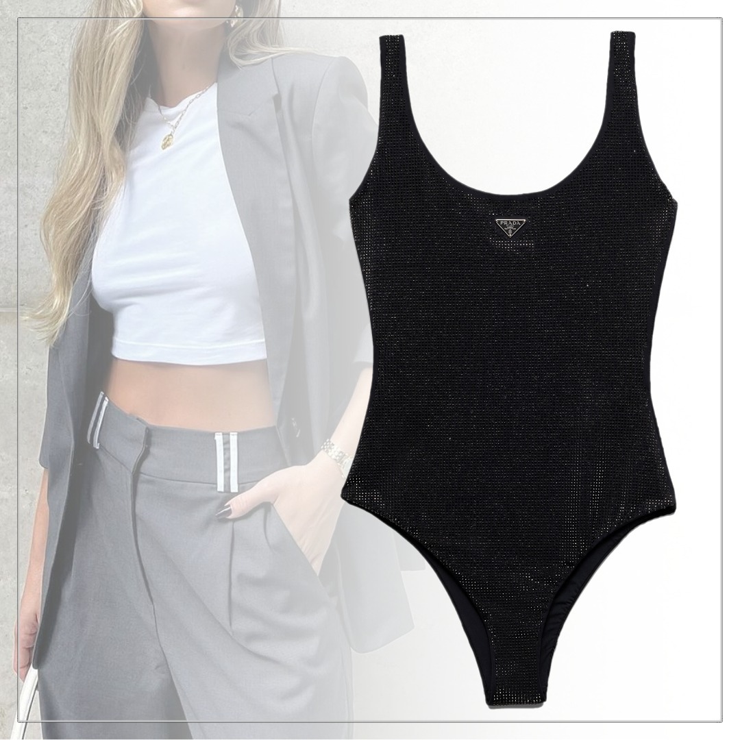 人気！【PRADA】ラインストーン付きジャージワンピース水着 Nude/transparent Jersey One-piece Swimsuit With Rhinestones