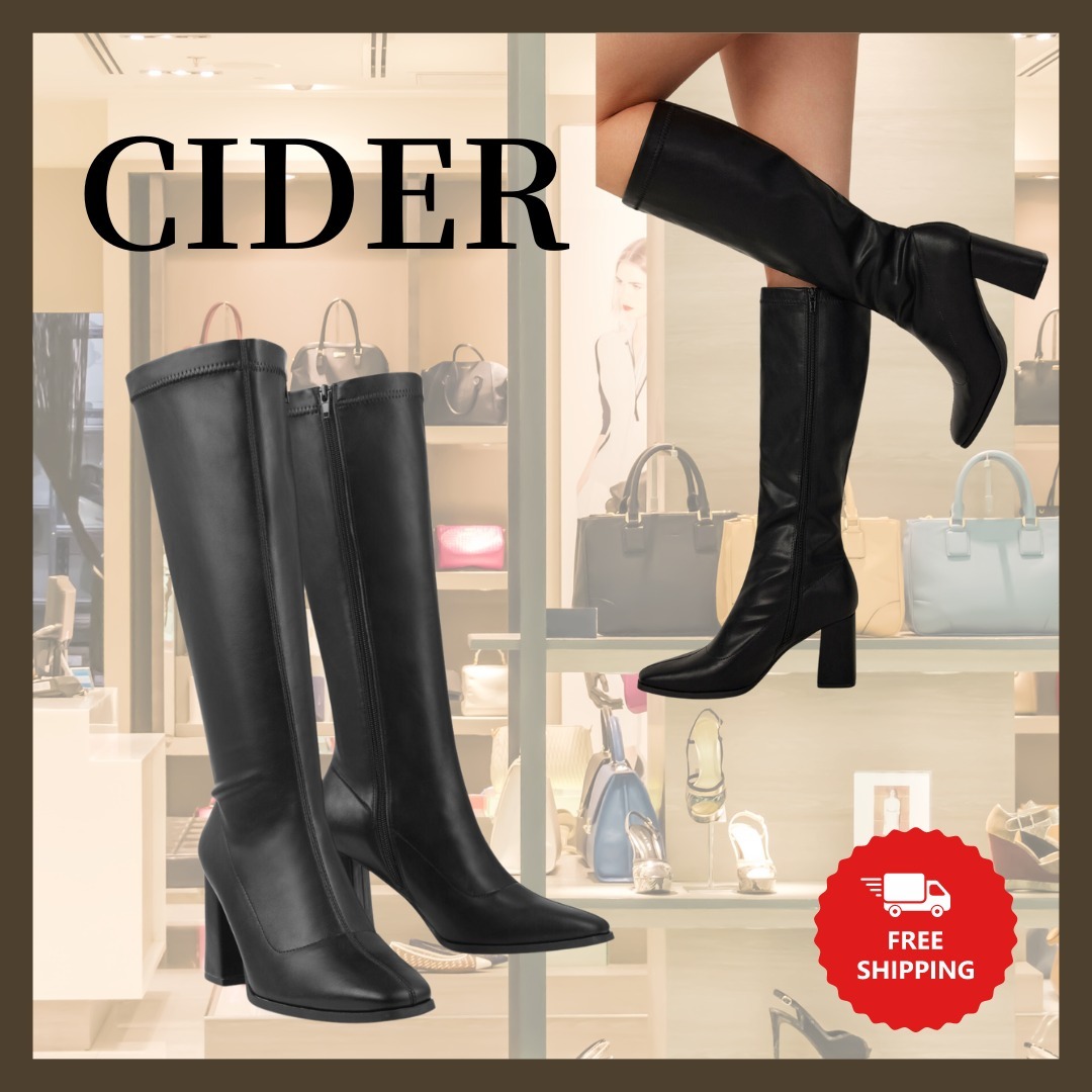 『Cider』クラシックなチャンキーヒールレザーニーハイブーツ