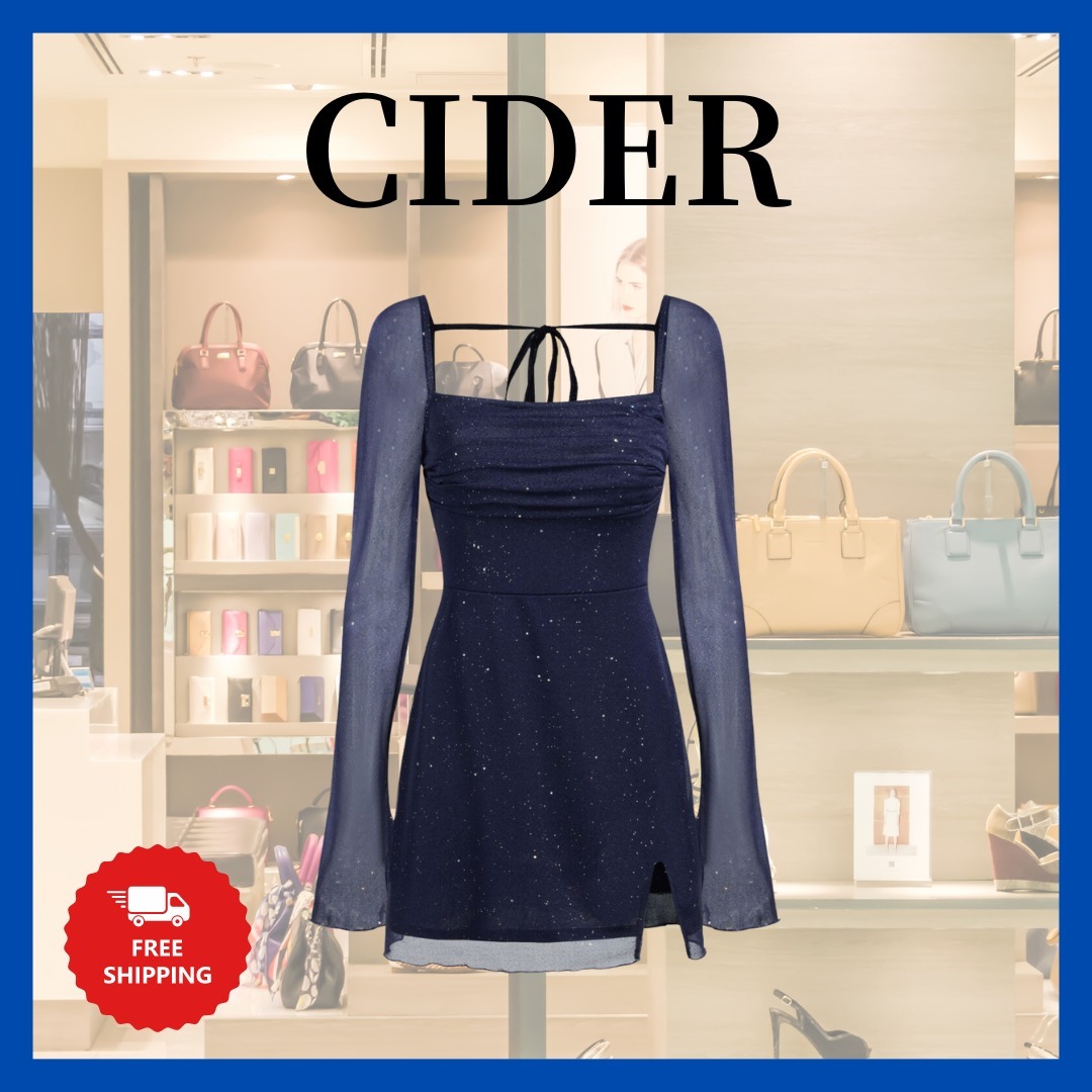 『Cider』スクエアネックソリッドグリッターノットミニドレス