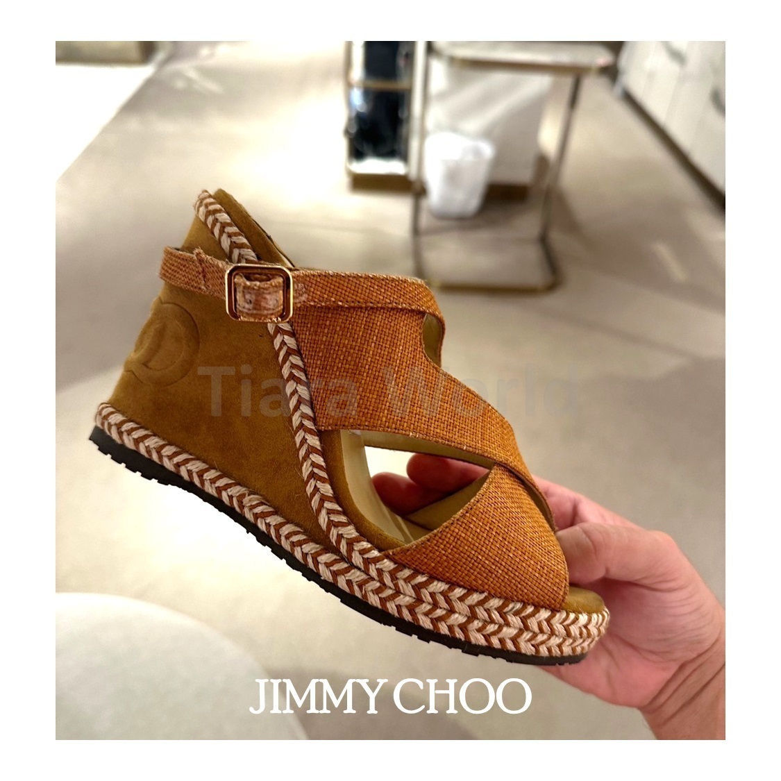 デカロゴ★Jimmy Choo CHOO ラフィア/レザー ウェッジ TAN