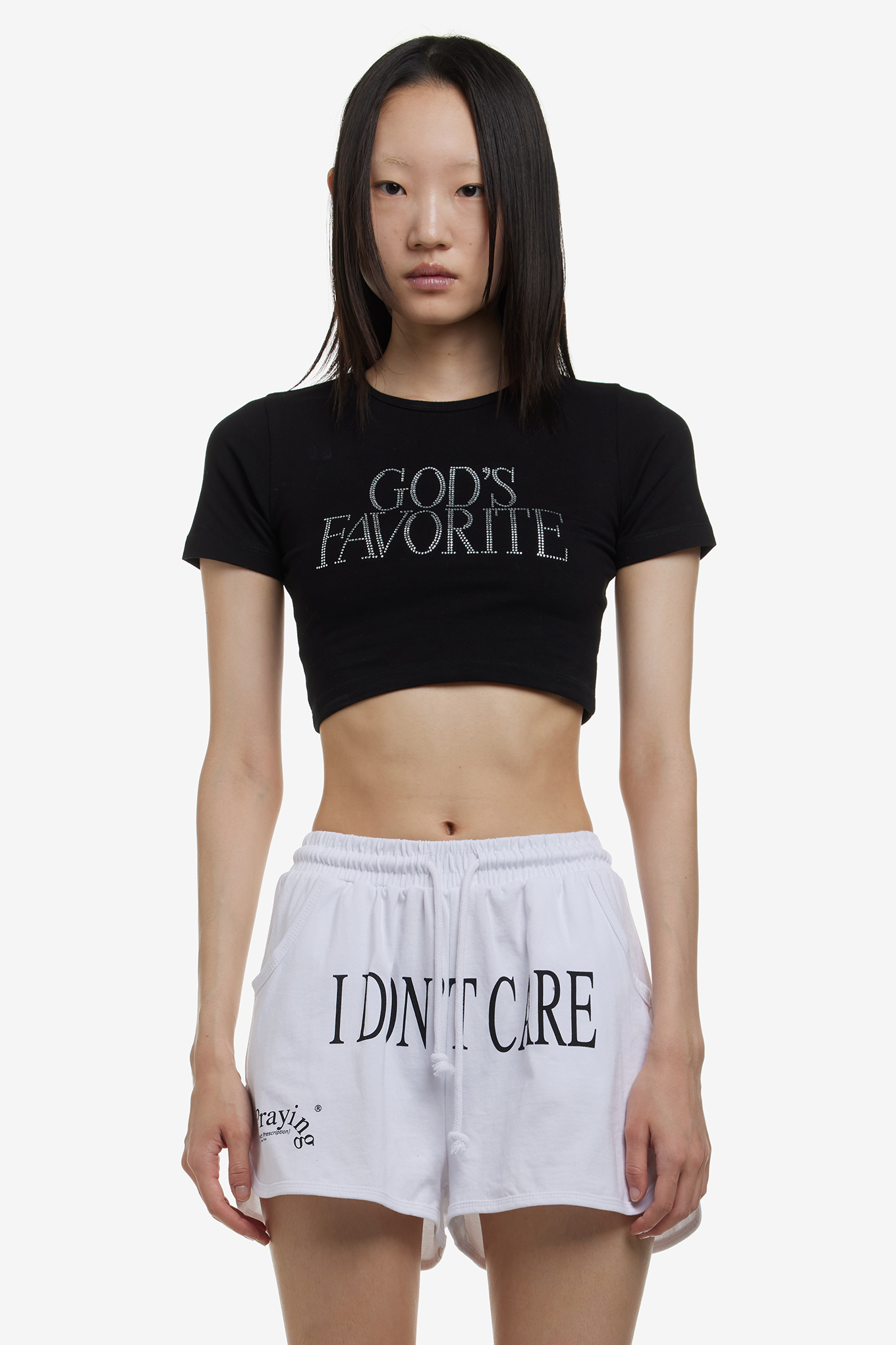 【PRAYING】GODS FAVORITE RHINESTONE CROP TEE (BLACK)