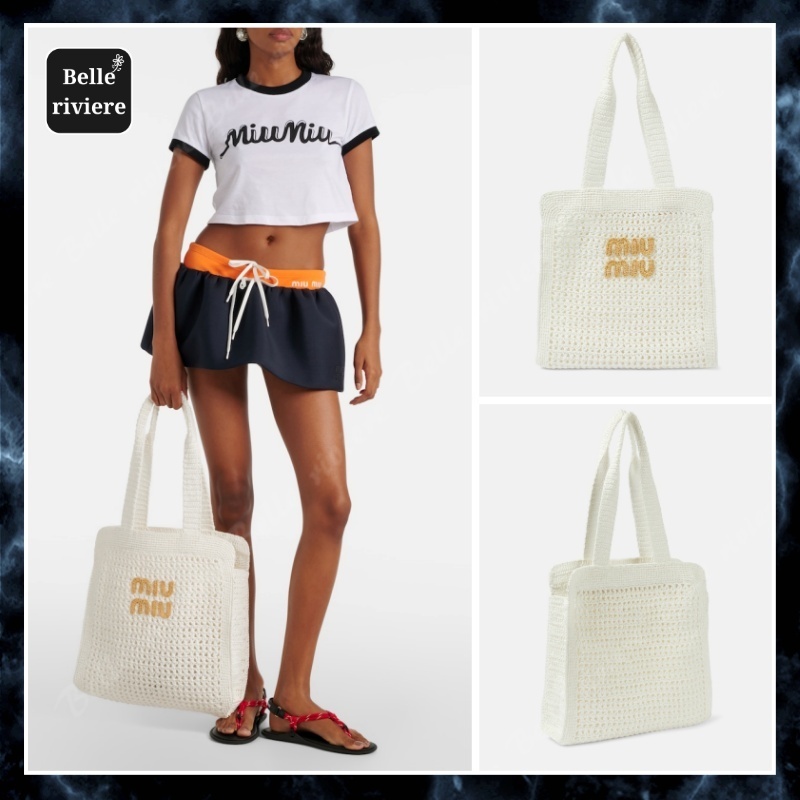 24PF new/MiuMiu ミディアムロゴクロシェトートバッグ Bag White