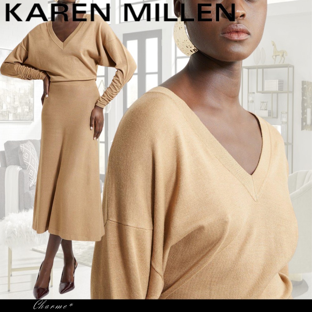 KAREN MILLEN 長袖 ニット ペンシルドレス Vネック フレア