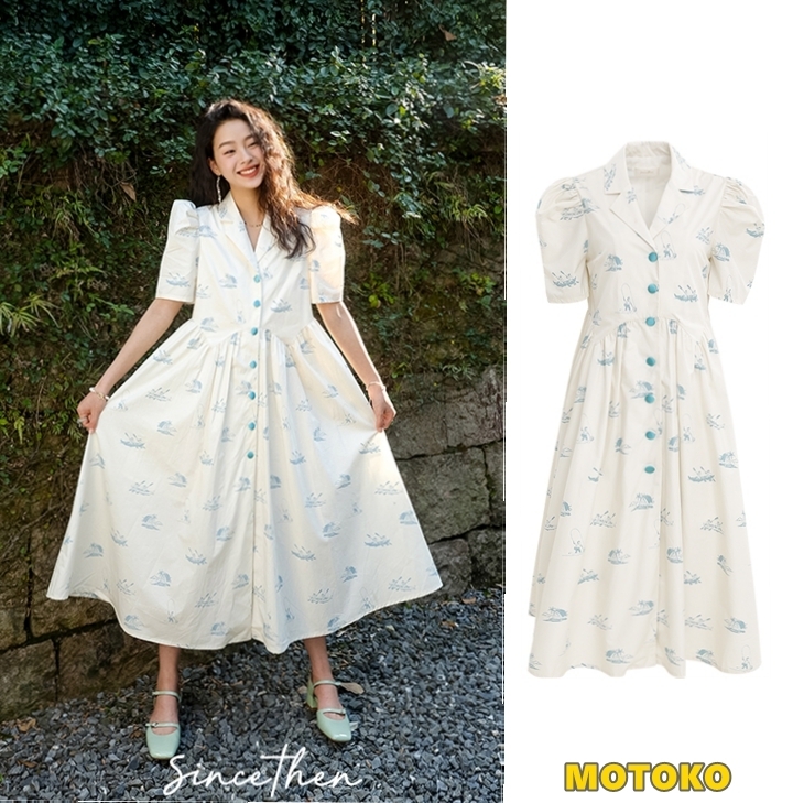 Since Then キュート 半袖 ロングワンピース プリント ⅴネック