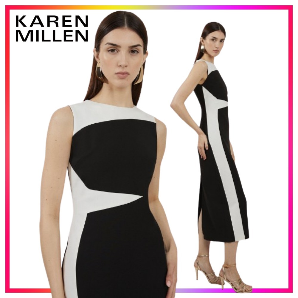 【Karen Millen】カラーブロック ペンシル ミディ ドレス KAREN MILLEN】ドレープネック☆ペンシル マキシドレス