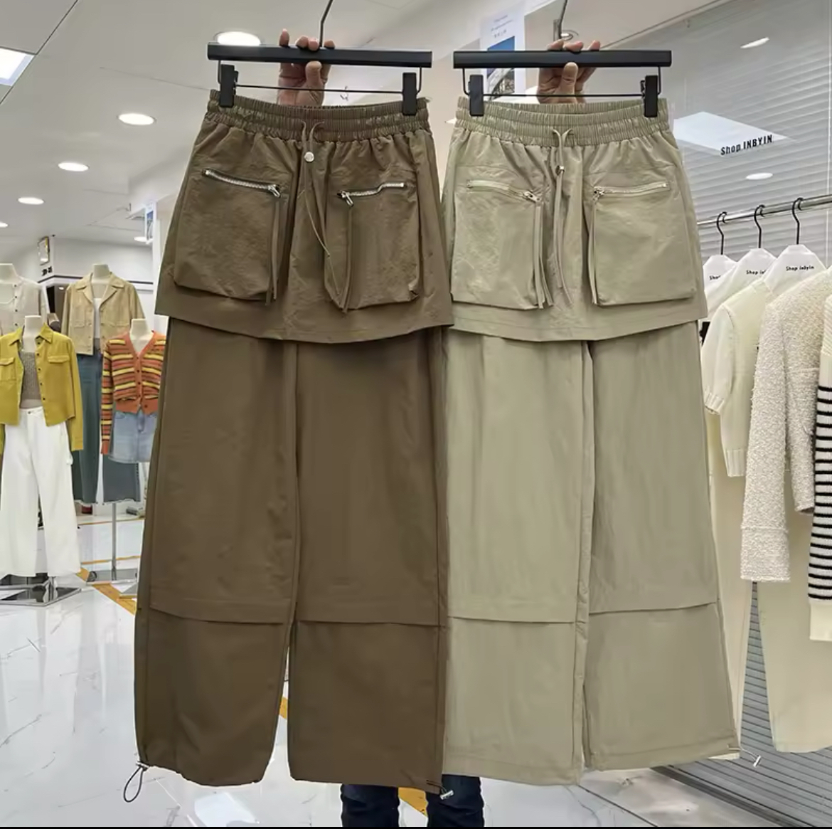 韓国デザイン スカート付き ミリタリーカーゴパンツ ストレート