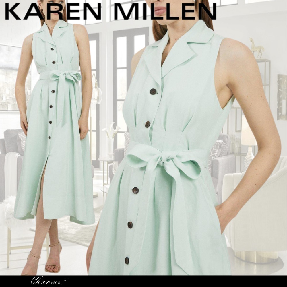 KAREN MILLEN ドレス ミディワンピース 無地 Vネック セージ