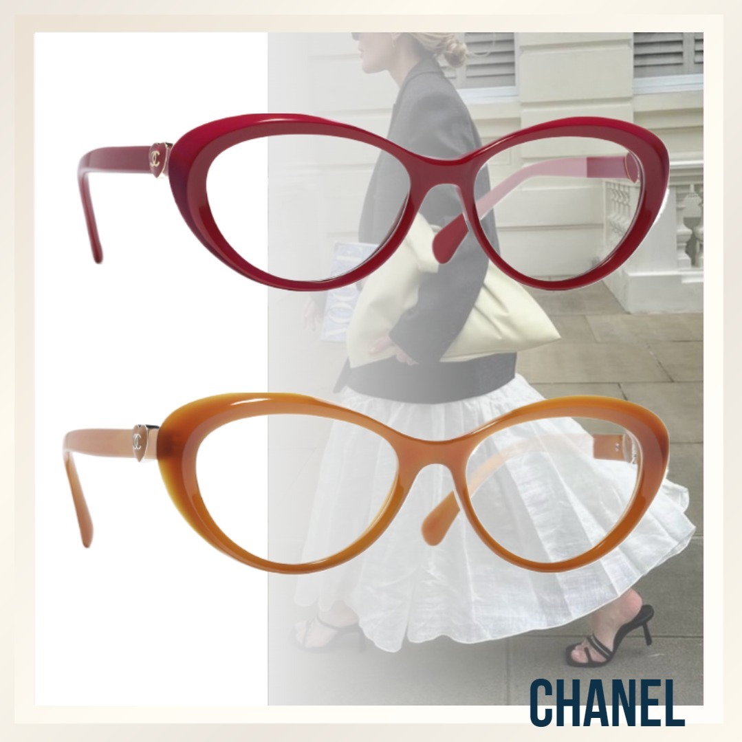 ハートが可愛い ≪CHANEL≫ キャットアイメガネ レッド/ブラウン