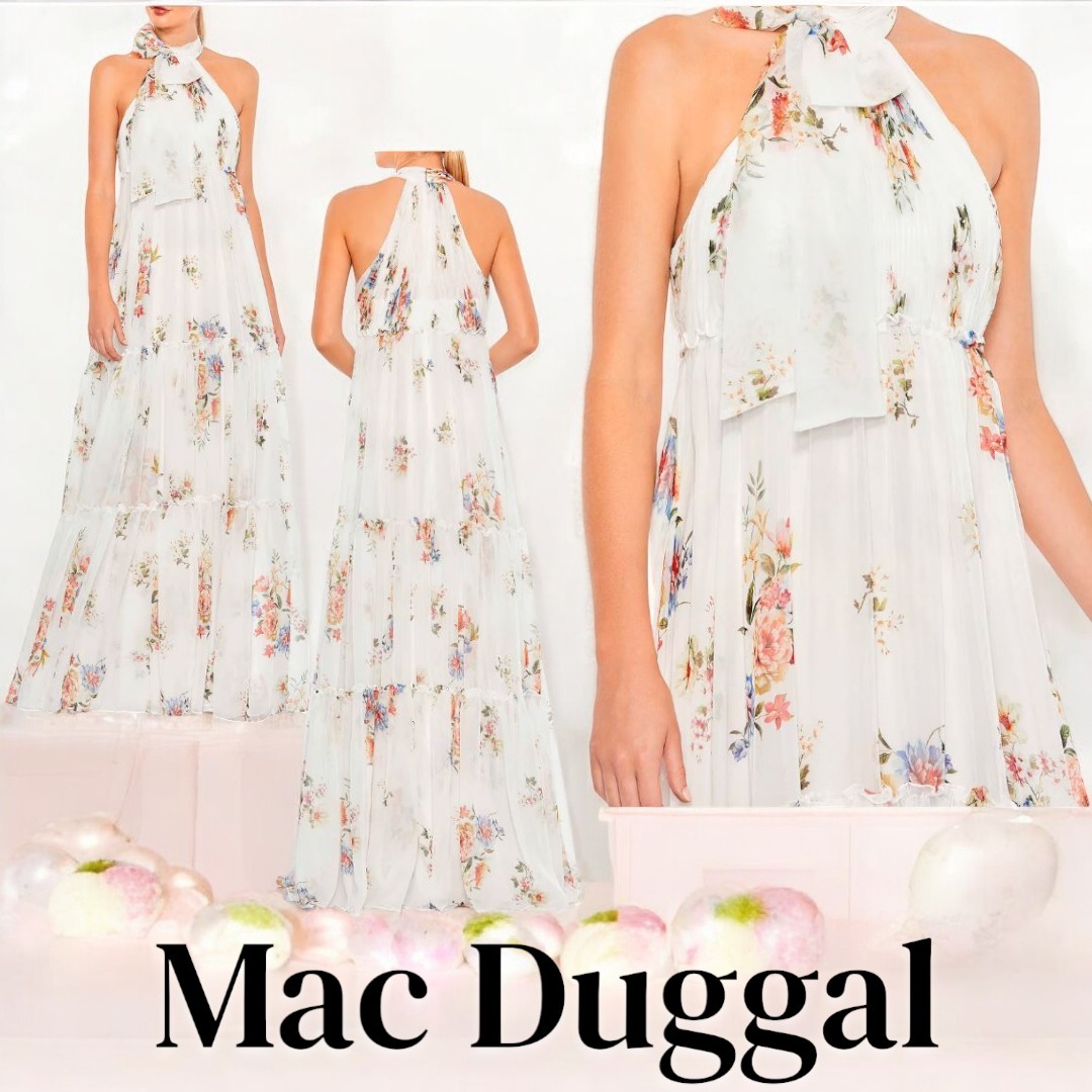 Mac Duggalフローラルプリントシャーリングハイネックボウドレス