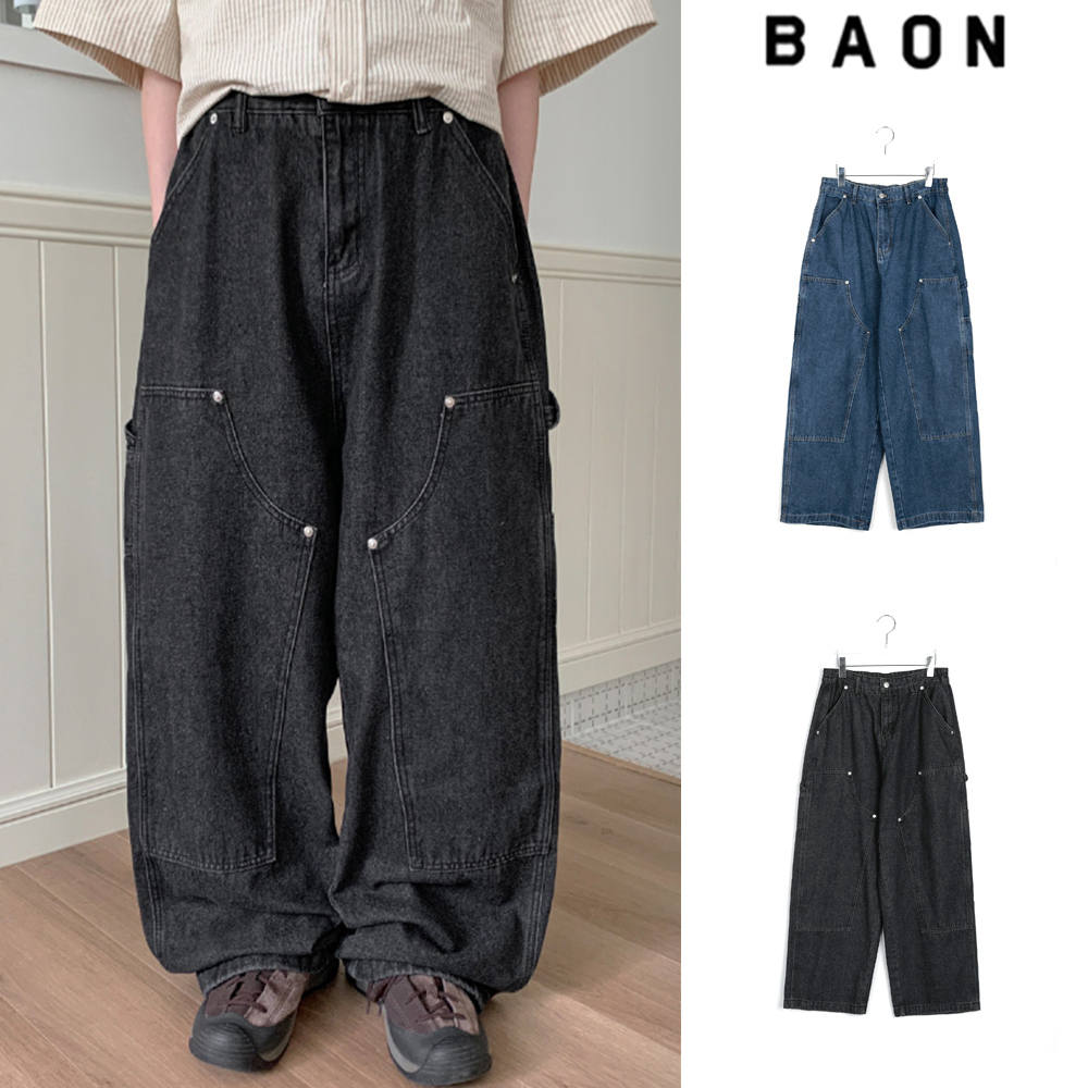 【BAON】[unisex] Carpenter Rivet Banding Waist Wide Denim PT