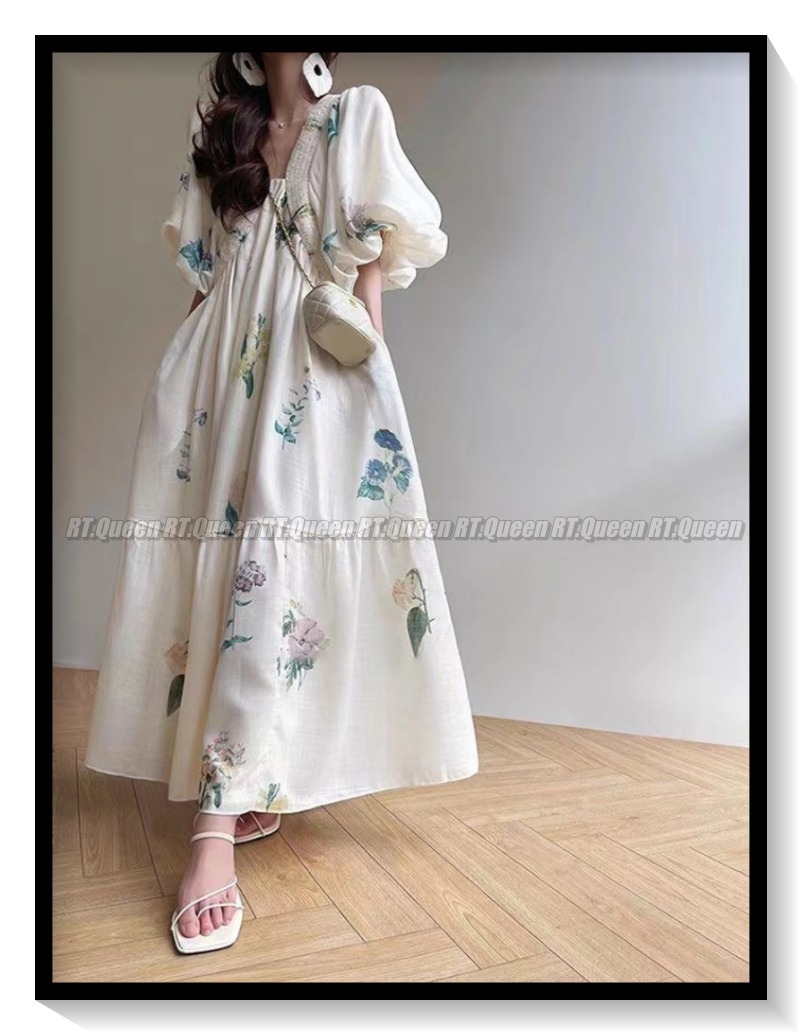 シフォン フラワー ロングドレス パフスリーブ r-2835